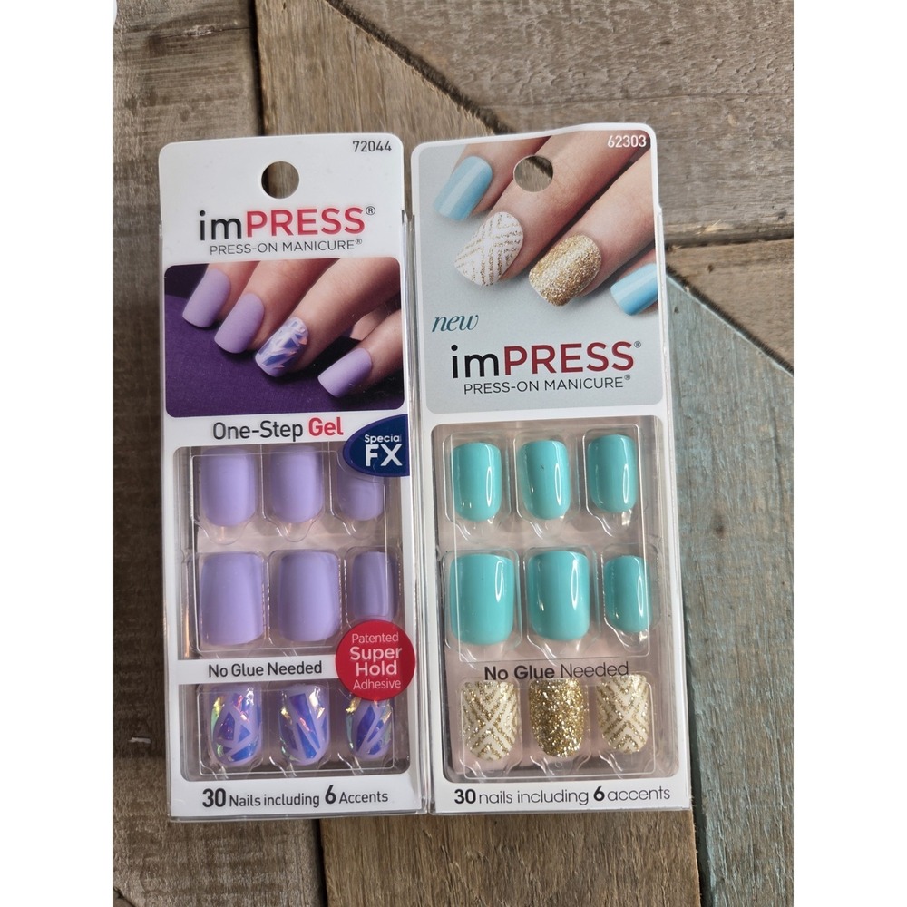 Lot of 2 Impress! Nails Press-On Short Purple Green Gold FX Gel Manicure‎